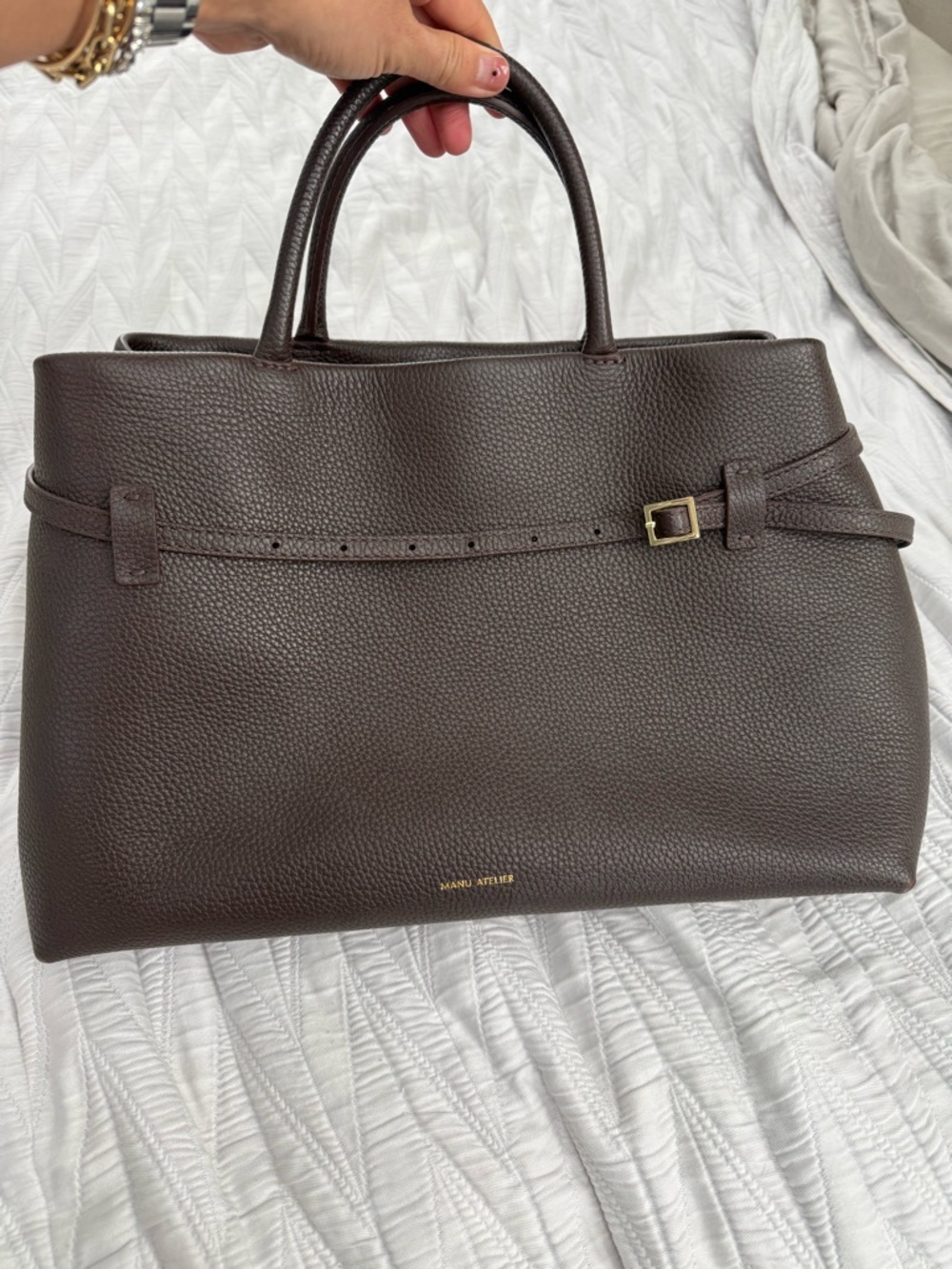 Handheld Chocolate Brown Leather Tote with Belt Detail